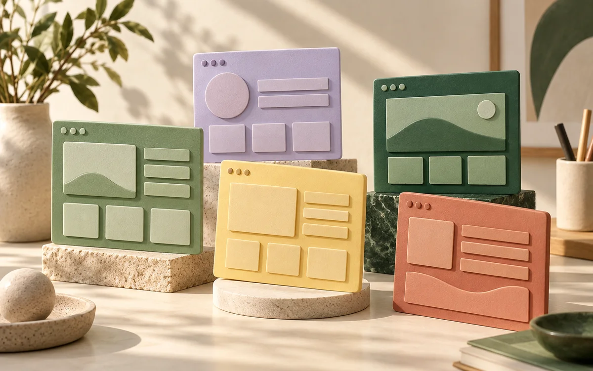 An illustration of five colorful modular website blocks on an ivory work surface