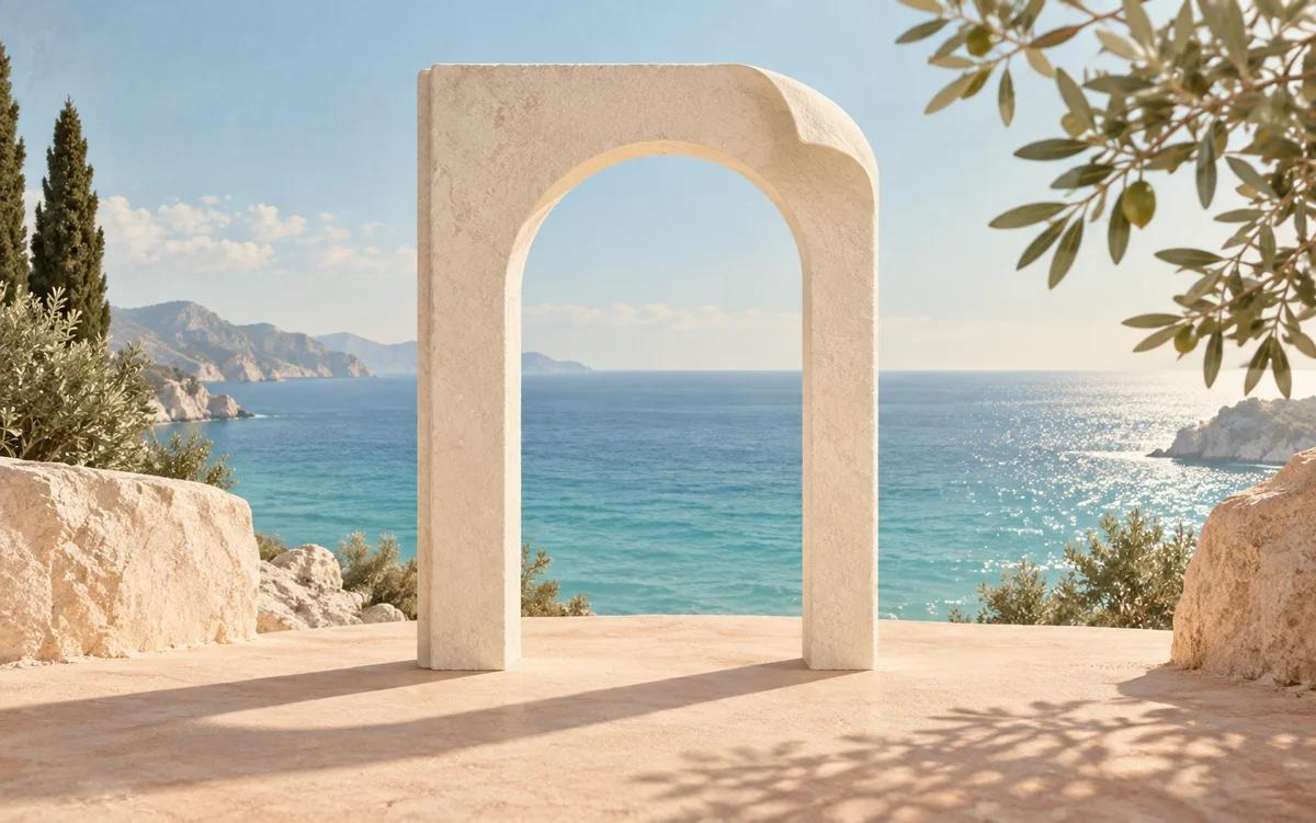 An illustration of a single arched page with a sea view and an olive branch